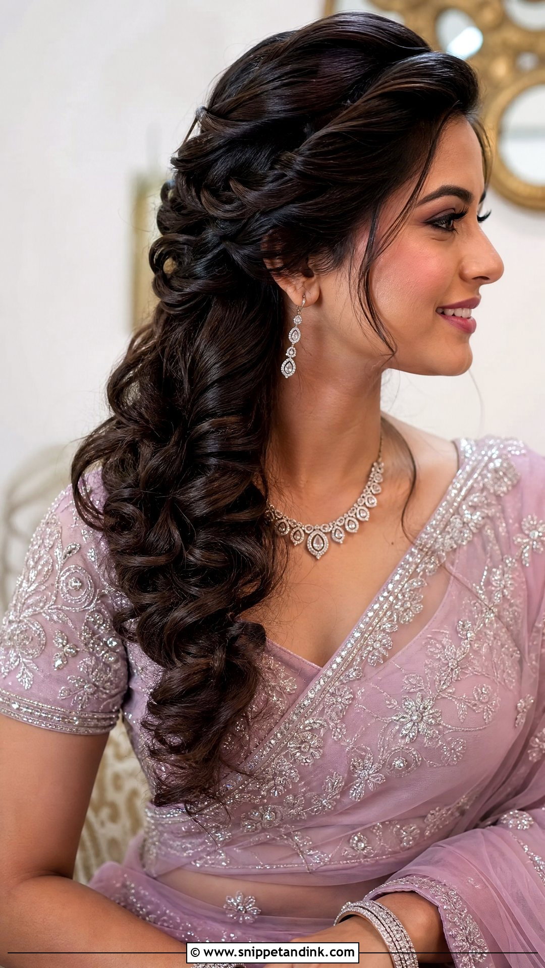 Open Hairstyle With Side Swept Curls - Snippet and Ink - 20 Open Hairstyles for Indian Engagement