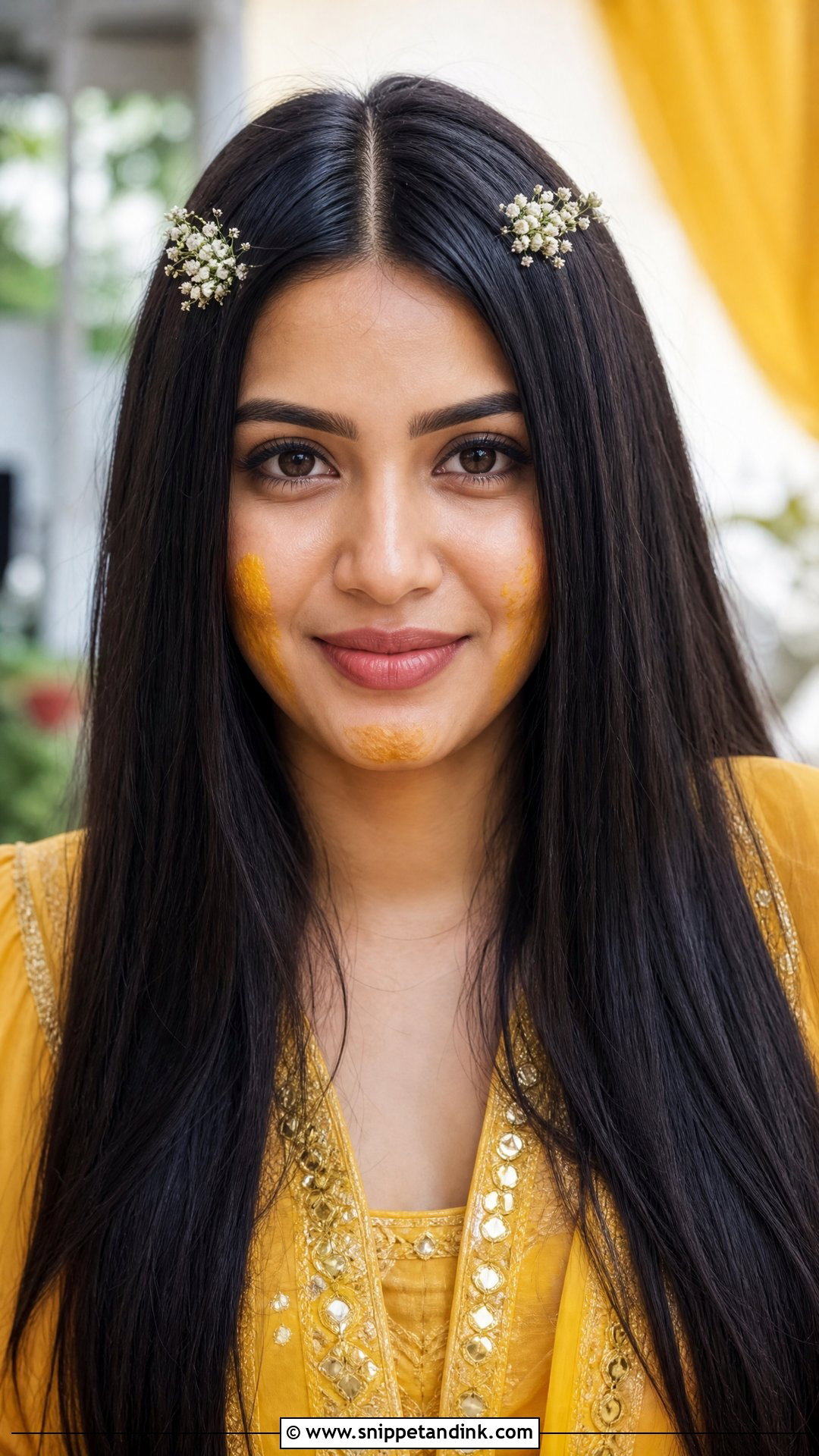 Open Straight Hair With Center Part - Snippet and Ink - 20 Hairstyle for Haldi Bride Ideas