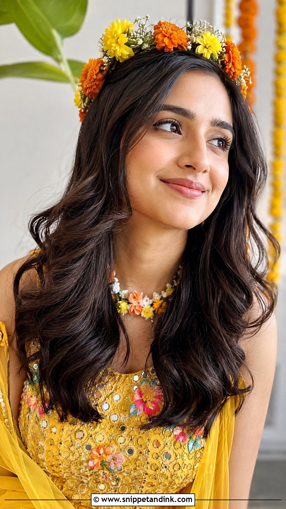 Open Wavy Hair With Flower Tiara - Snippet and Ink - 25 Haldi Bride Hairstyle Ideas