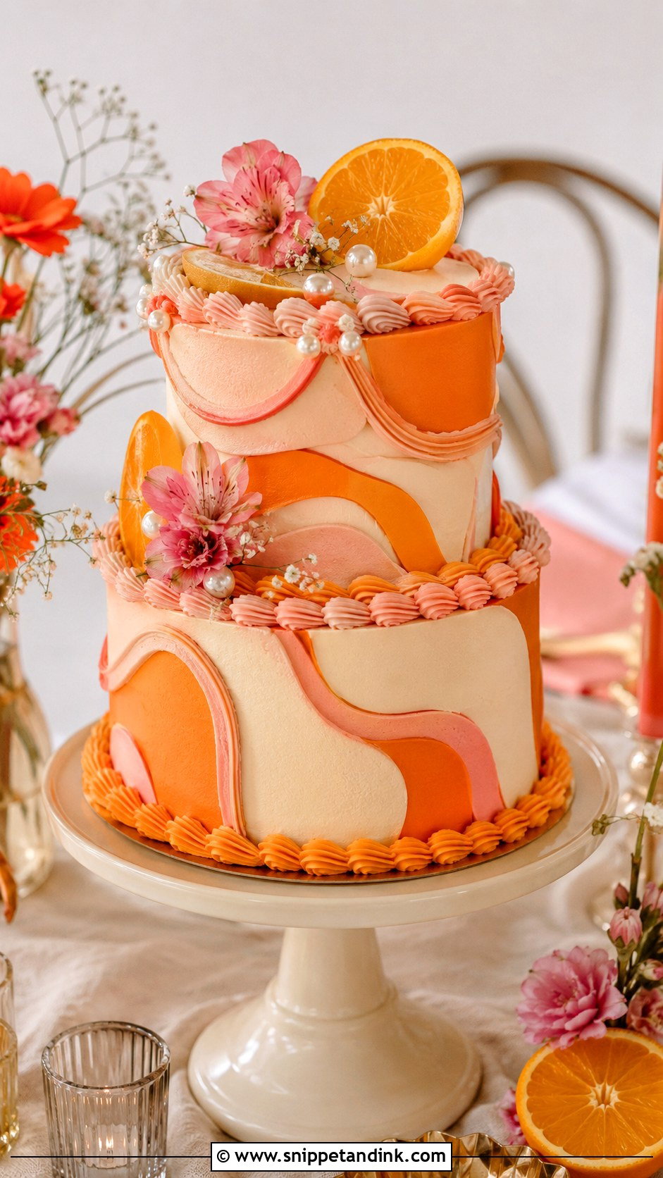 Orange And Pink Wedding Cake - Snippet and Ink - 20 Groovy Wedding Cake Ideas