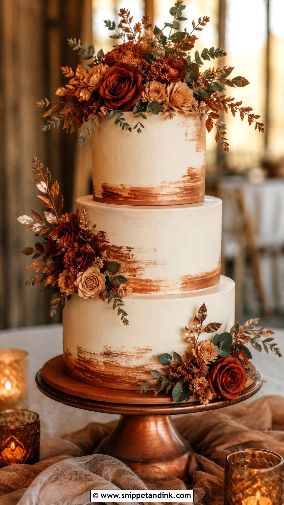 Orange Fall Wedding Cake With Copper Accents - Snippet and Ink - 20 Rustic Orange Fall Wedding Cakes