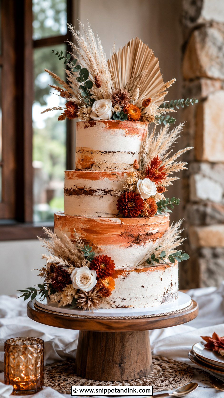 Orange Fall Wedding Cake With Pampas Grass - Snippet and Ink - 20 Rustic Orange Fall Wedding Cakes