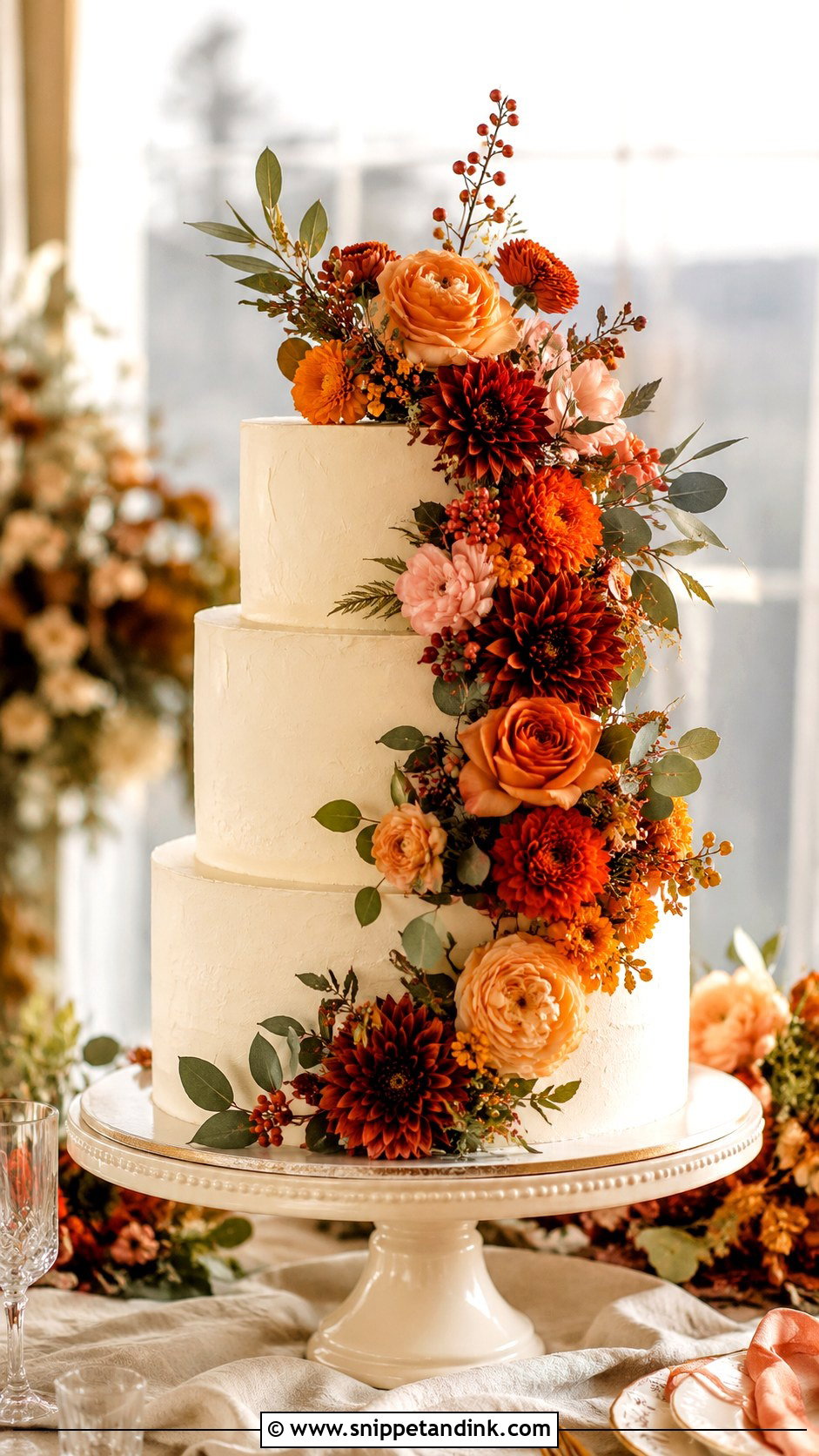 Orange Floral Wedding Cake With Buttercream - Snippet and Ink - 20 Rustic Orange Fall Wedding Cakes
