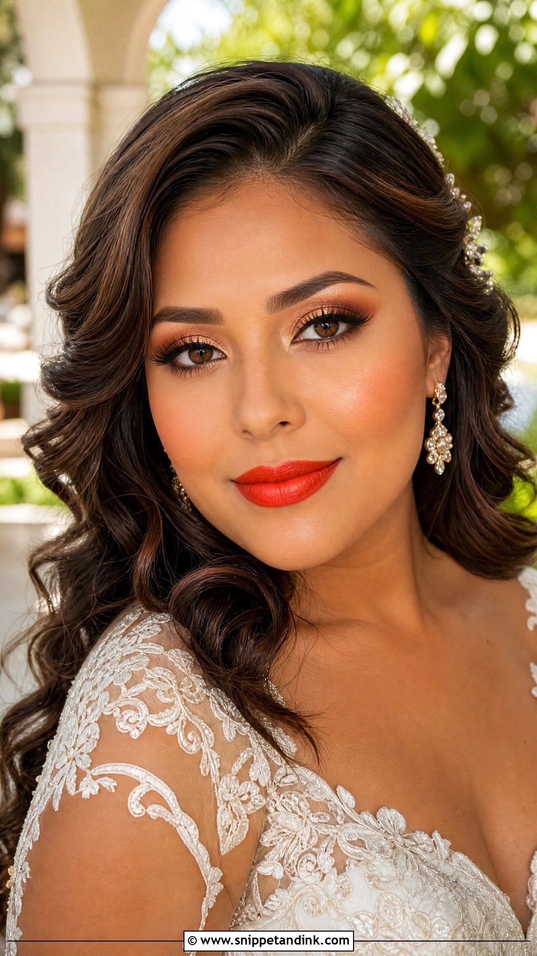 Orange Red Lip Bridal Makeup - Snippet and Ink - 20 Bride Red Lipstick Ideas