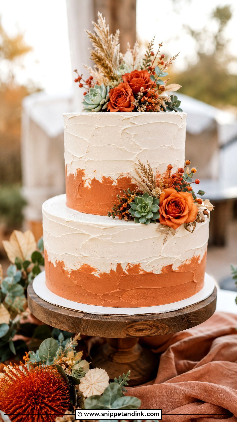 Orange Rustic Wedding Cake With Succulents - Snippet and Ink - 20 Rustic Orange Fall Wedding Cakes