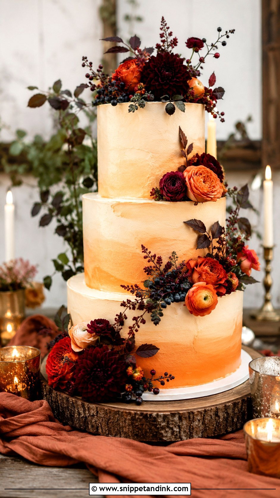 Orange Wedding Cake With Burgundy Flowers - Snippet and Ink - 20 Rustic Orange Fall Wedding Cakes