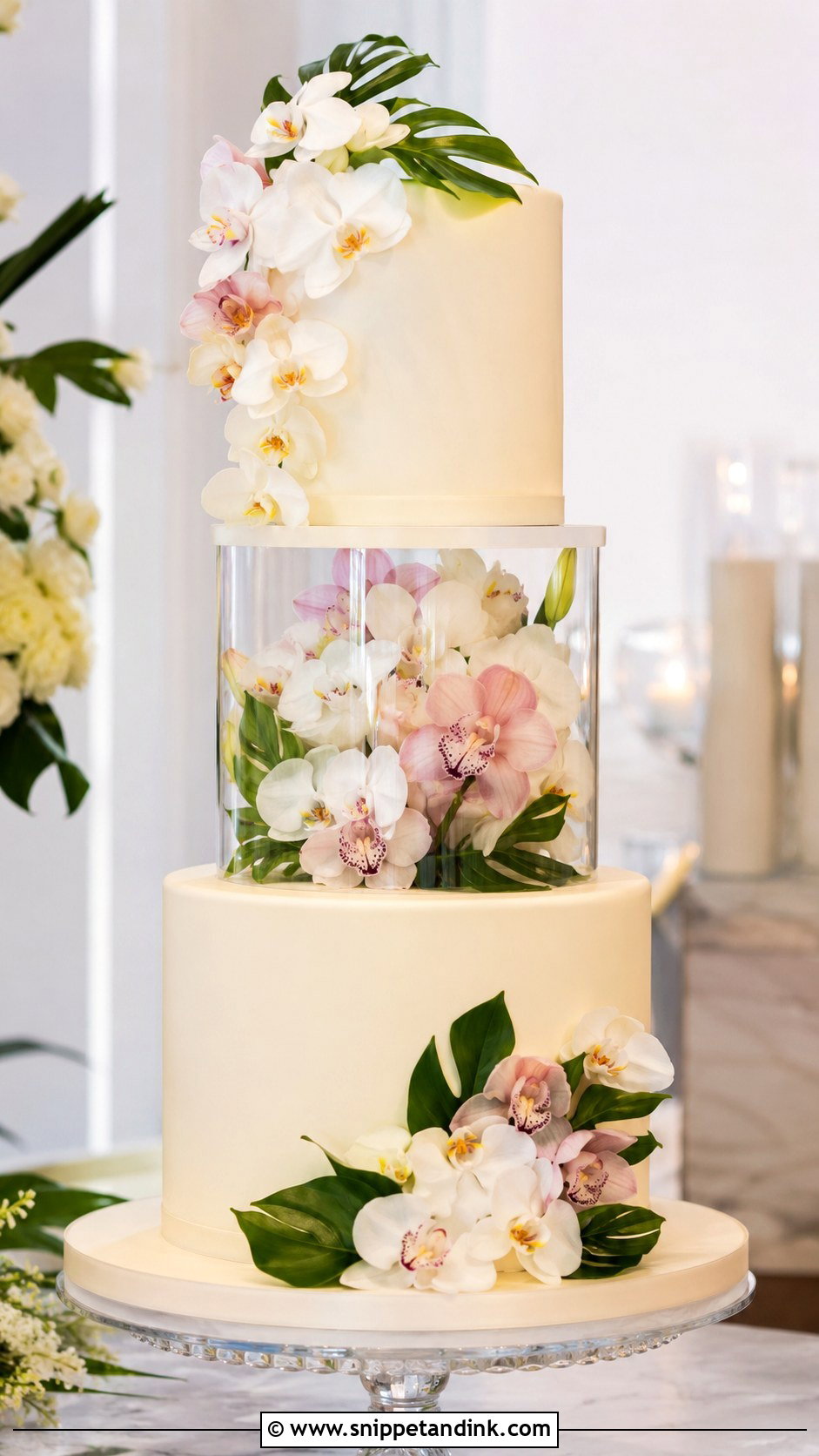 Orchid Wedding Cake With Acrylic Separator - Snippet and Ink - 20 Wedding Cake Acrylic Separator Ideas