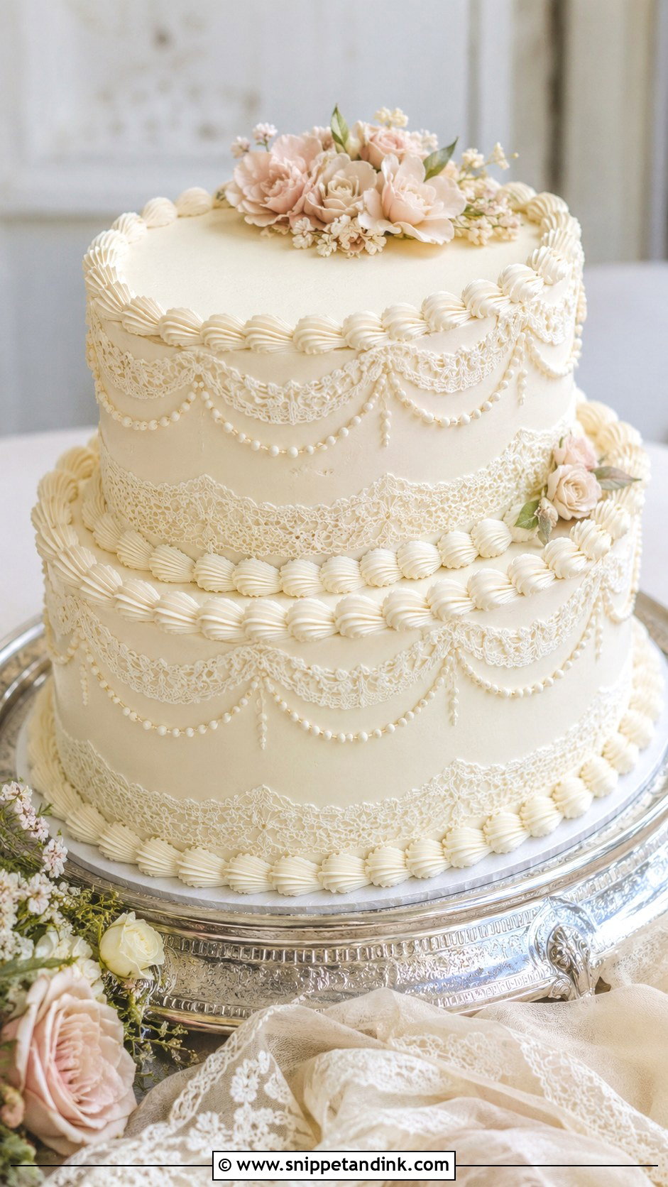 Oval Piping Wedding Cake - Snippet and Ink - 20 Traditional Piping Wedding Cake Ideas