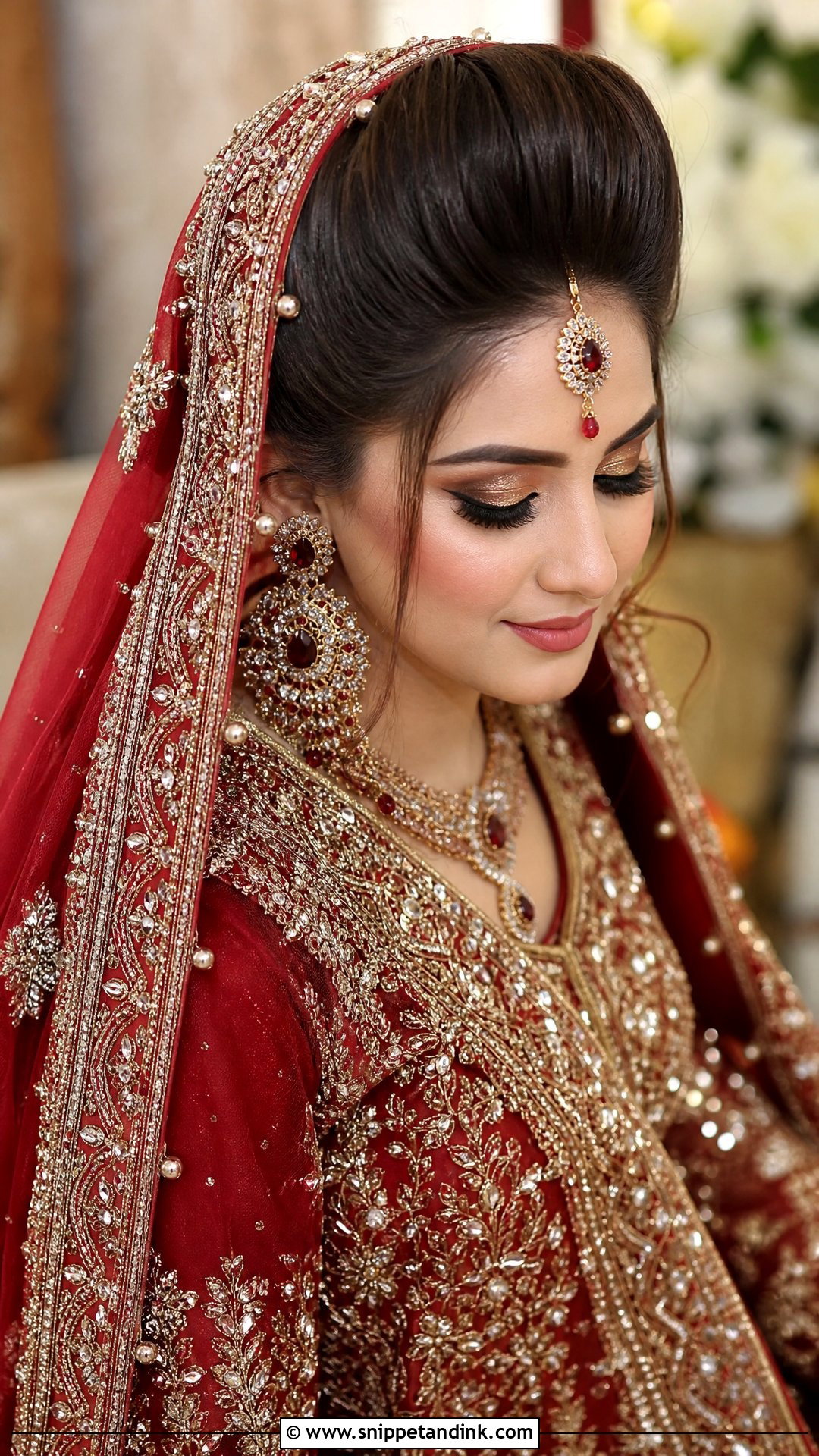 Pakistani Bridal High Bun With Dupatta - Snippet and Ink - 20 Pakistani Bridal Hair Wedding Hairstyles