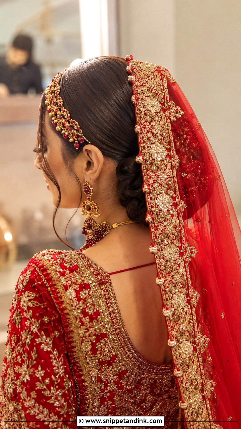 Pakistani Bridal Sleek Bun With Matha Patti - Snippet and Ink - 15 Pakistani Bridal Barat Hairstyle Ideas