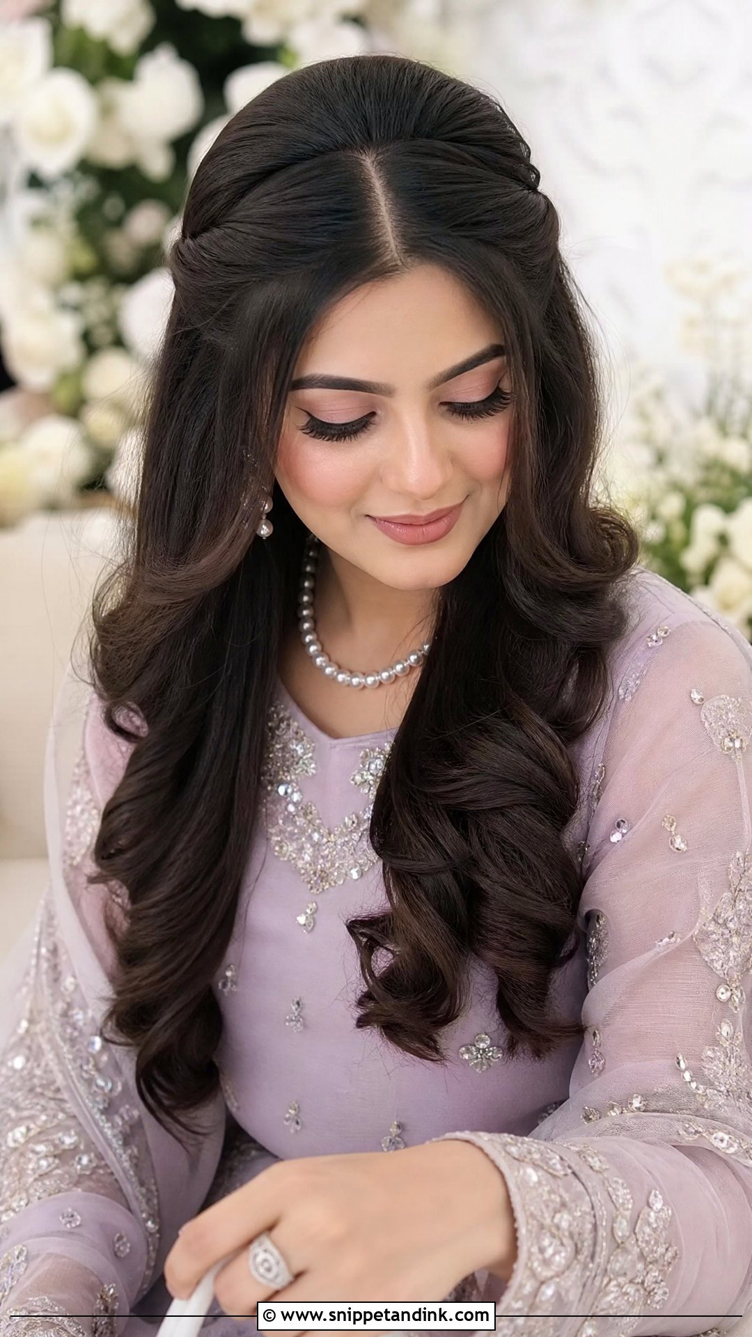 Pakistani Half Up Center Part Curls - Snippet and Ink - 20 Pakistani Front Hair Styles for Wedding