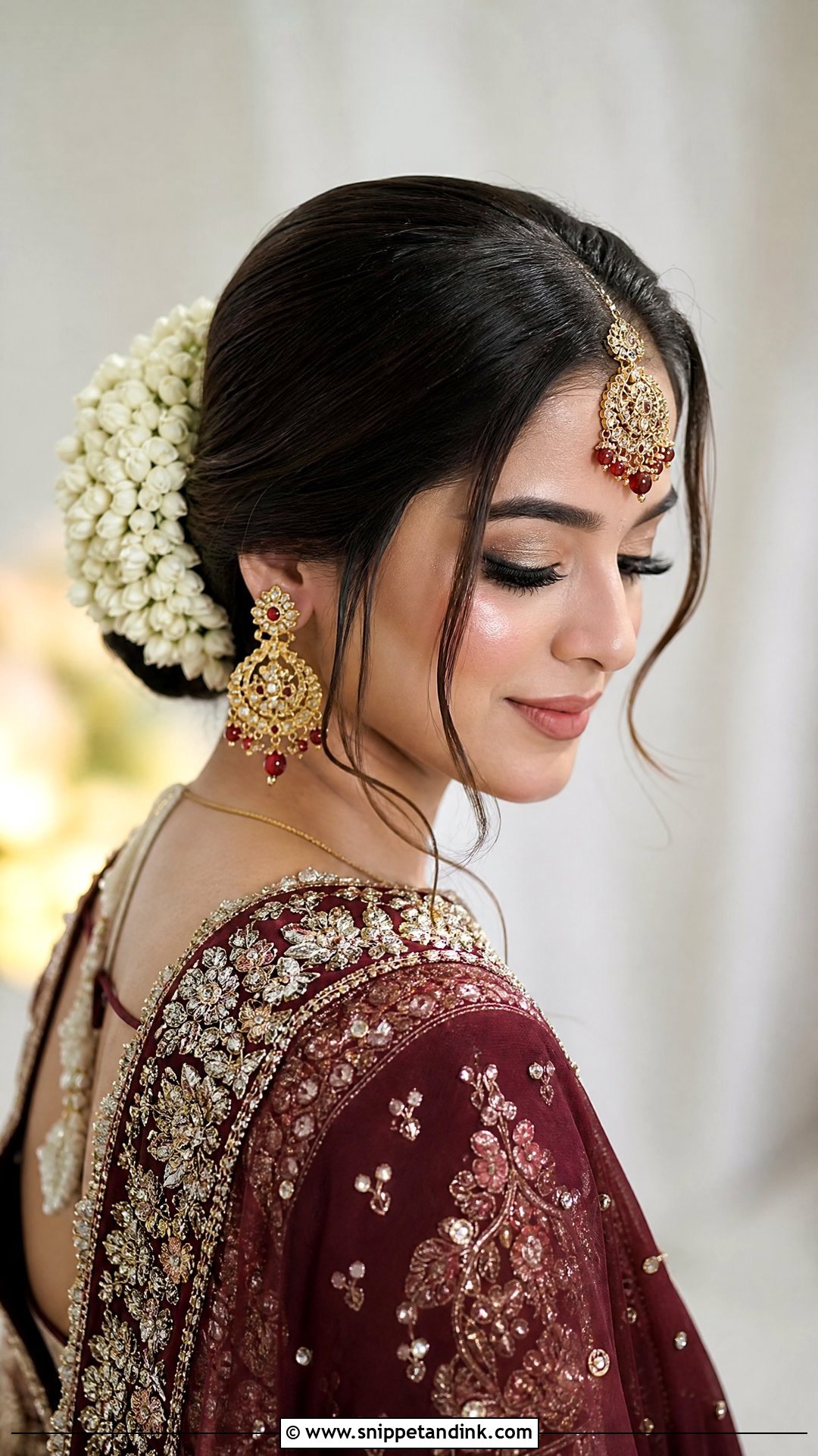Pakistani Wedding Low Bun With Gajra - Snippet and Ink - 20 Pakistani Wedding Party Hairstyles