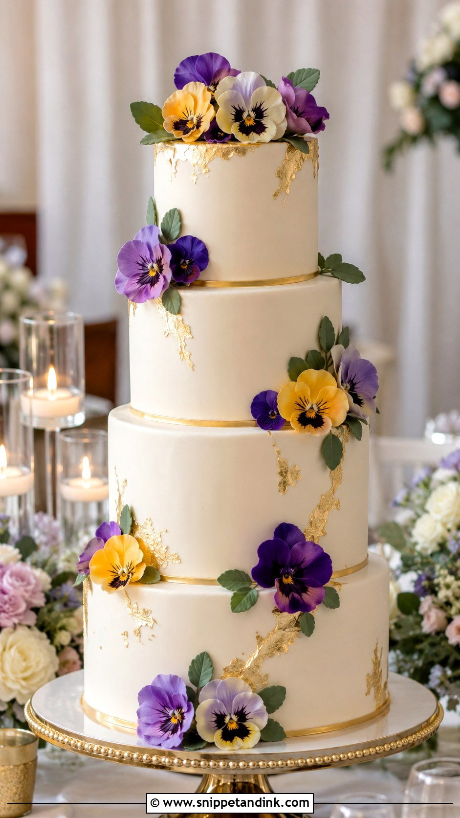 Pansy Wedding Cake With Gold - Snippet and Ink - 20 Pansy Wedding Cake Ideas