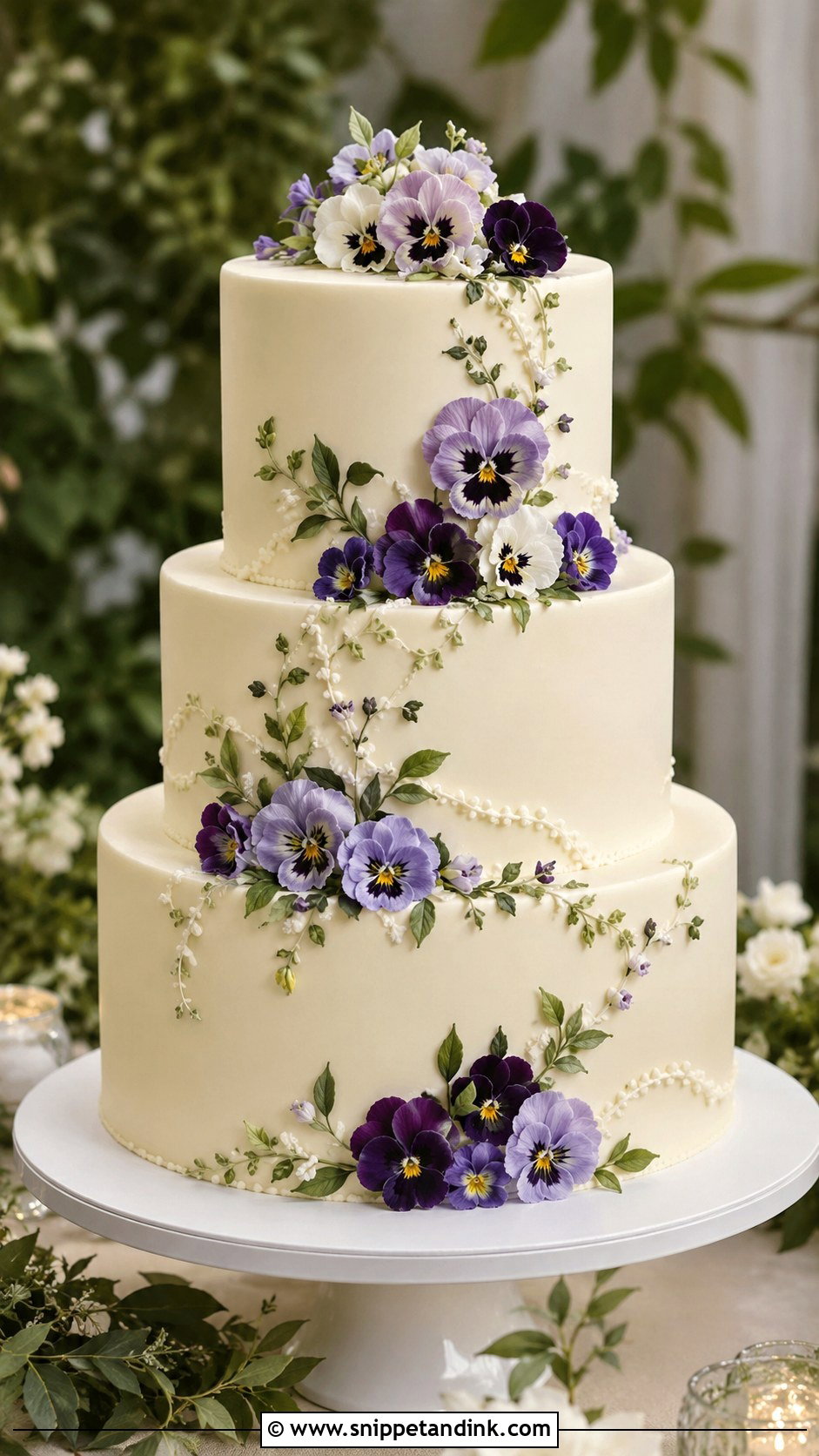 Pansy Wedding Cake With Greenery - Snippet and Ink - 20 Pansy Wedding Cake Ideas