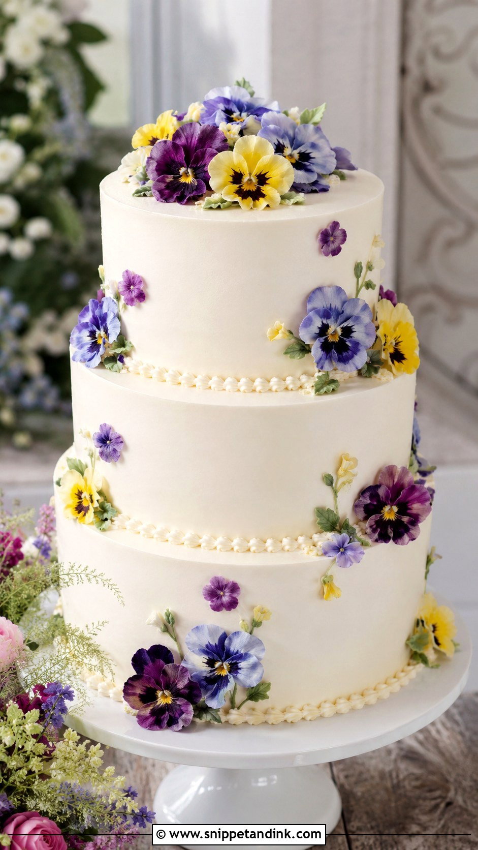 Pansy Wedding Cake With Piped Flowers - Snippet and Ink - 20 Pansy Wedding Cake Ideas