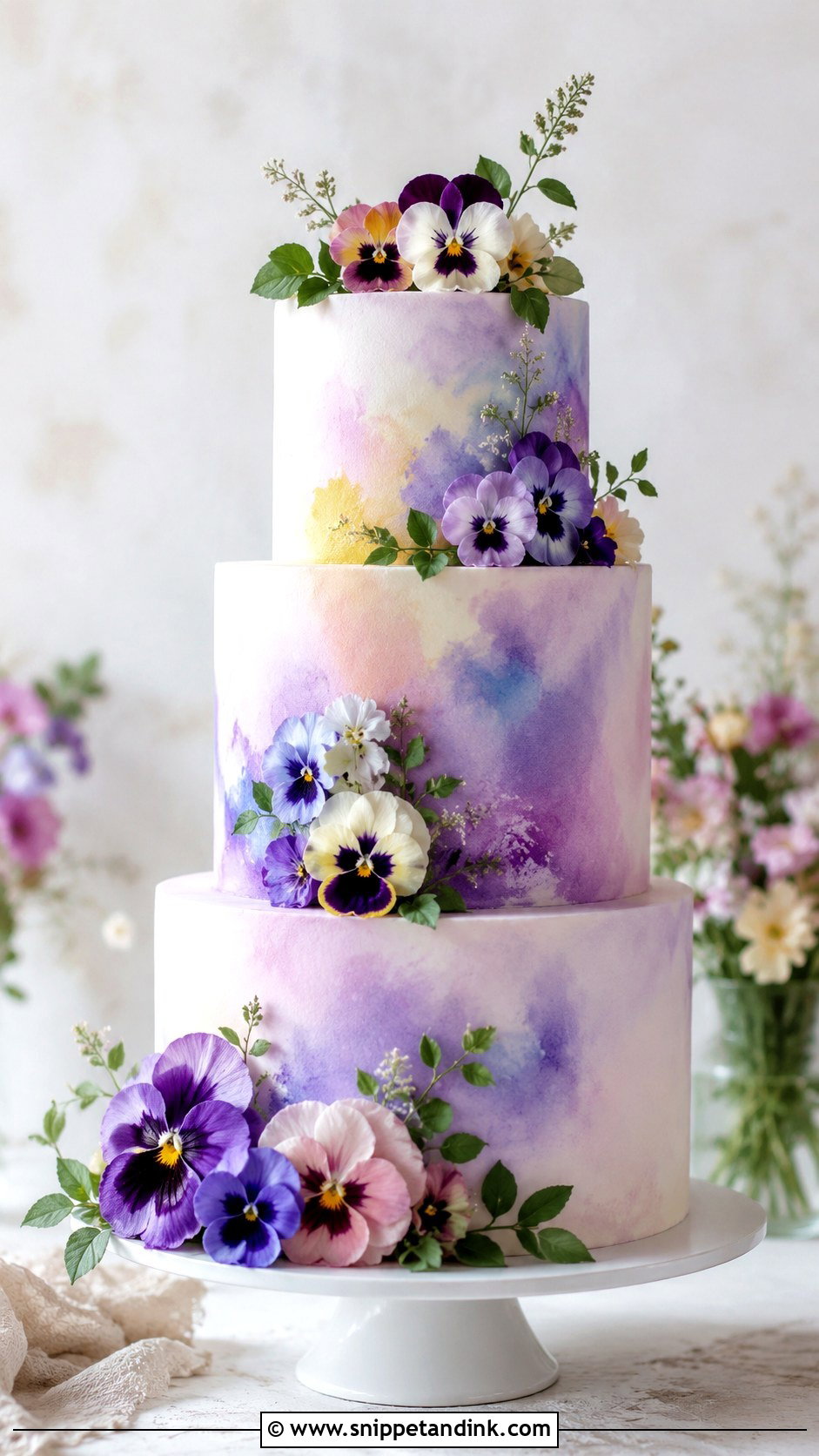 Pansy Wedding Cake With Watercolor - Snippet and Ink - 20 Pansy Wedding Cake Ideas