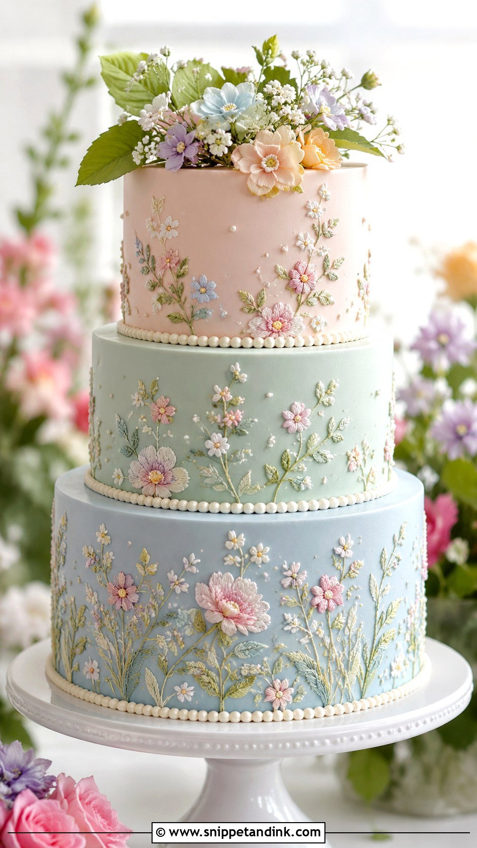 Pastel Brush Embroidery Wedding Cake - Snippet and Ink - 20 Brush Embroidery Wedding Cake Ideas