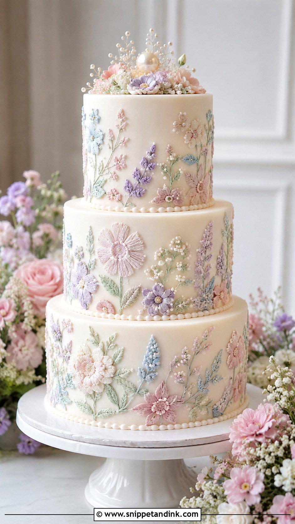 Pastel Embroidery Wedding Cake - Snippet and Ink - 20 Embroidery Cake Design Ideas for Wedding