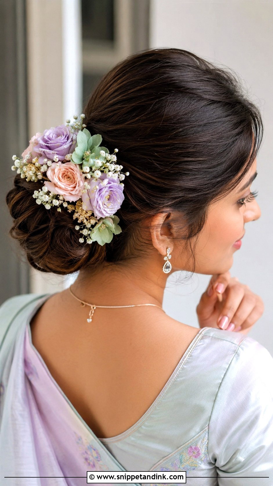 Pastel Flower Bun - Snippet and Ink - 20 Seemantham Hairstyle Ideas