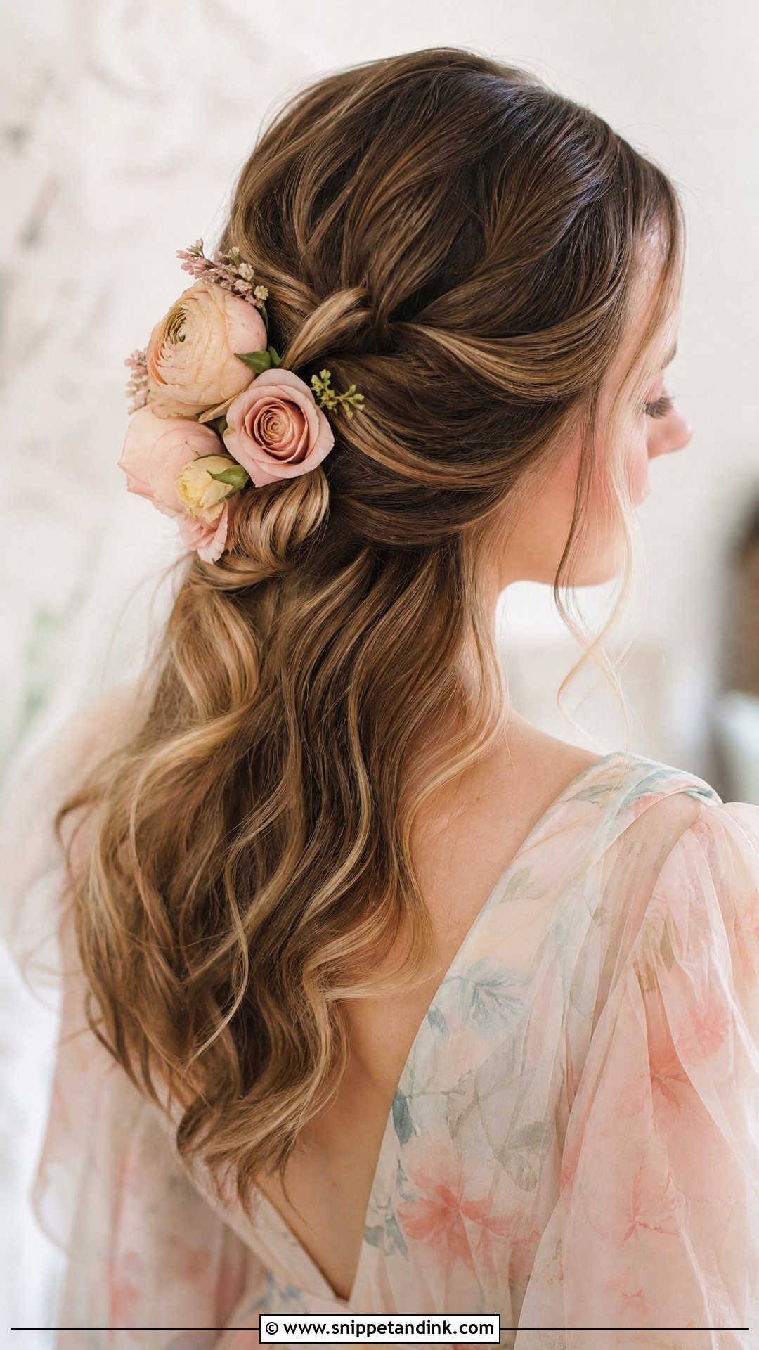Pastel Flowers in a Twisted Half Updo - Snippet and Ink - 20 Bridal Hair Flower Ideas
