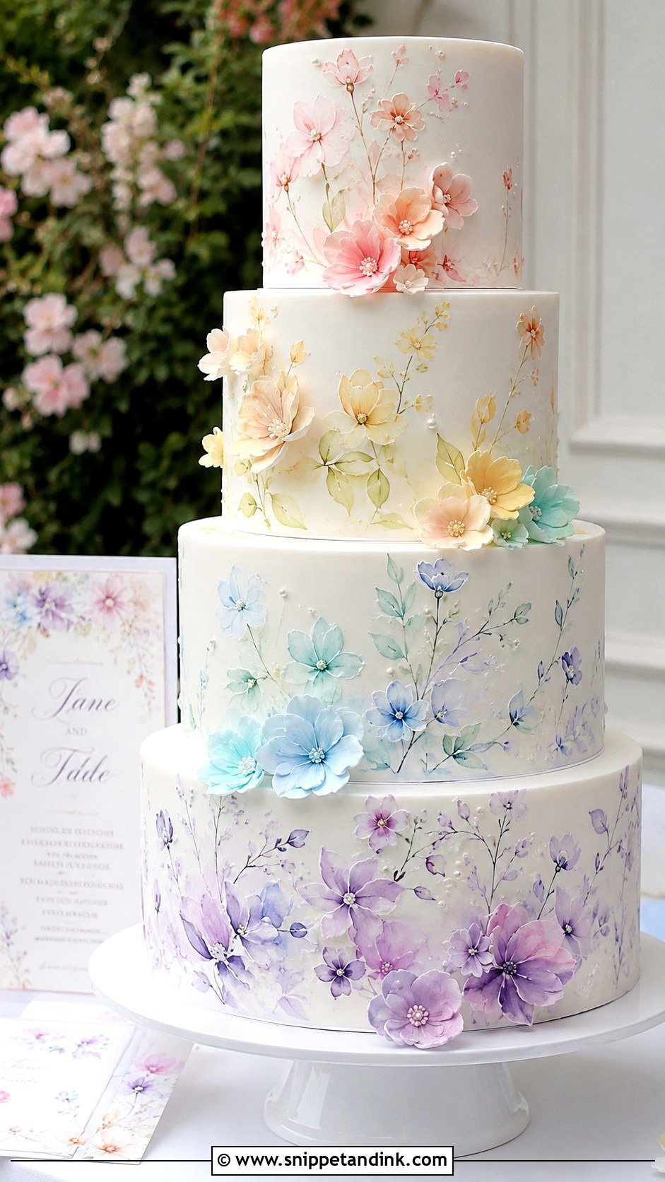 Pastel Rainbow Painted Flower Wedding Cake - Snippet and Ink - 25 Pastel Rainbow Wedding Cake Ideas