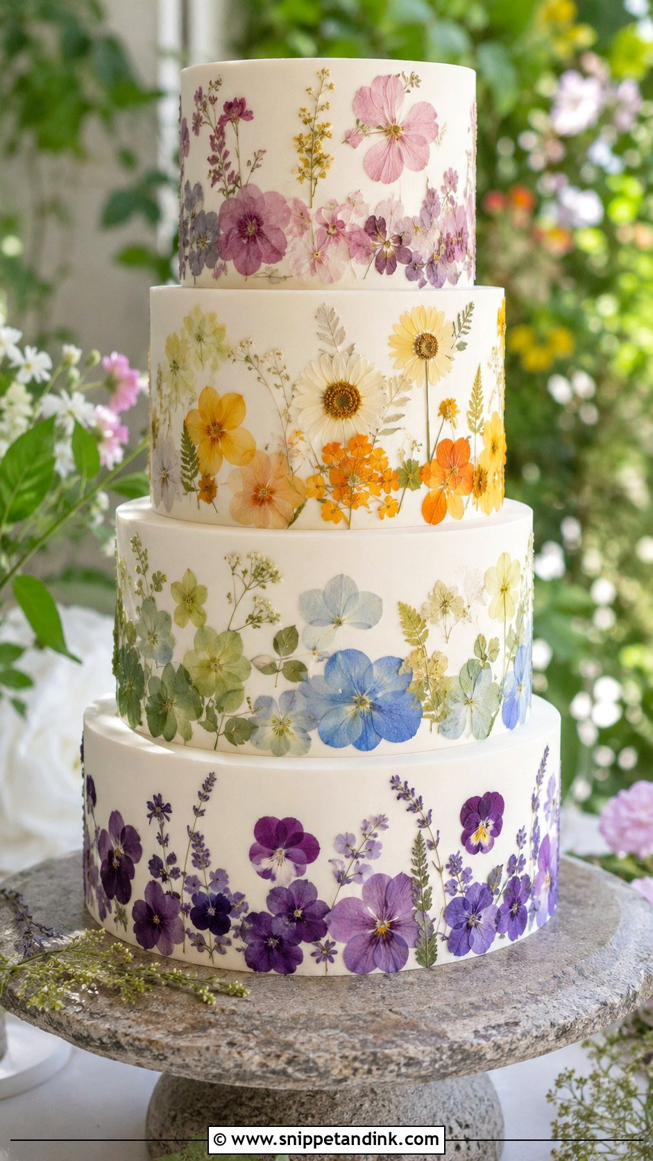 Pastel Rainbow Pressed Flower Wedding Cake - Snippet and Ink - 25 Pastel Rainbow Wedding Cake Ideas