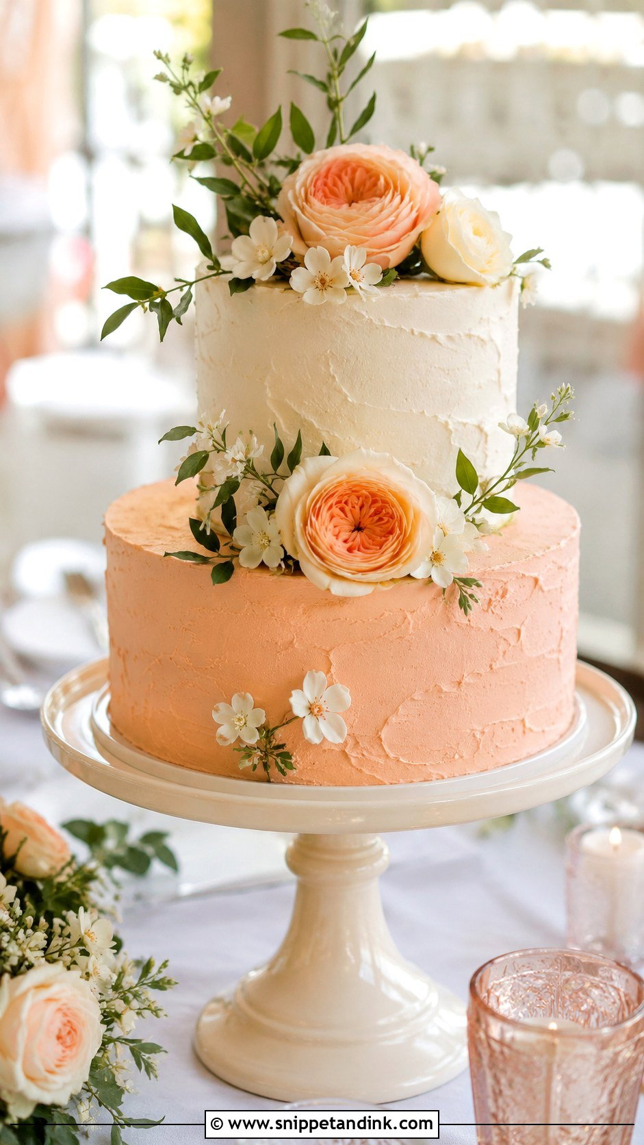 Peach And Ivory Two Tone Wedding Cake - Snippet and Ink - 20 Two Tone Wedding Cake Ideas