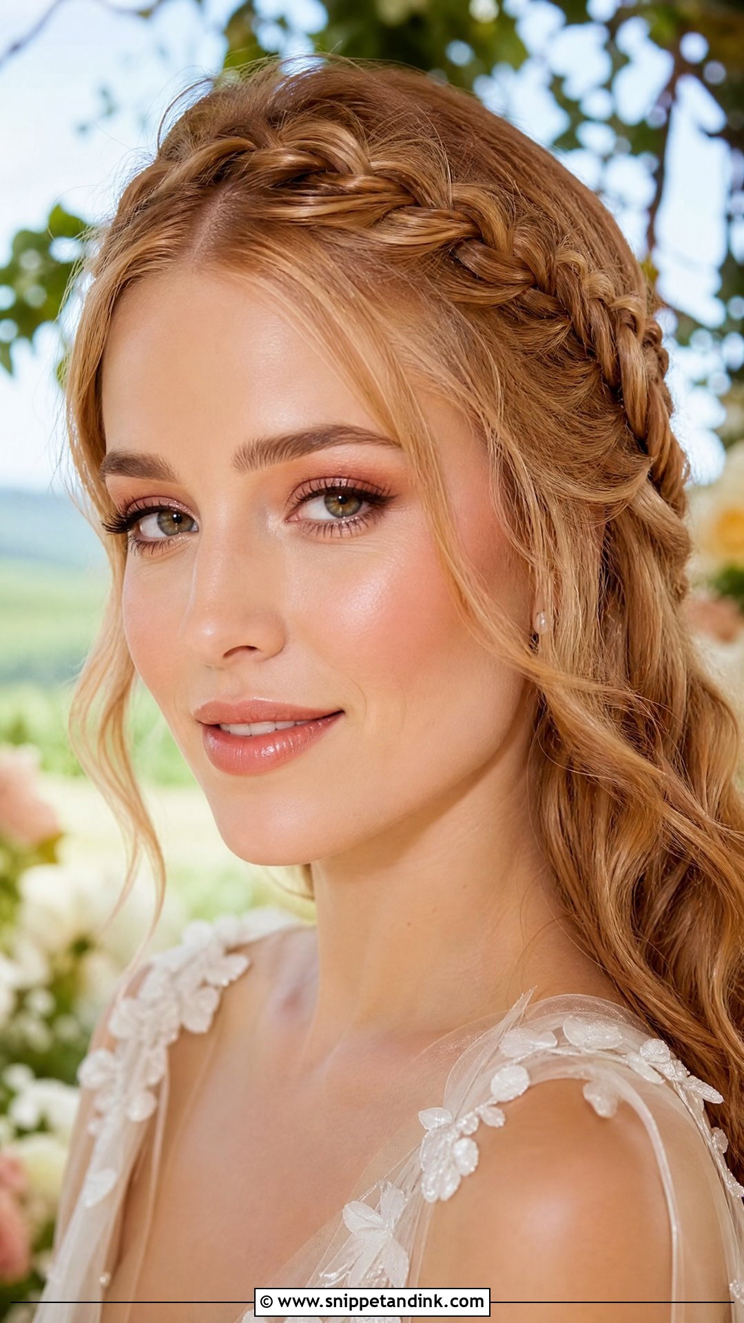 Peach Bridal Makeup With Waterfall Braid - Snippet and Ink - 20 Braid Makeup Wedding Ideas