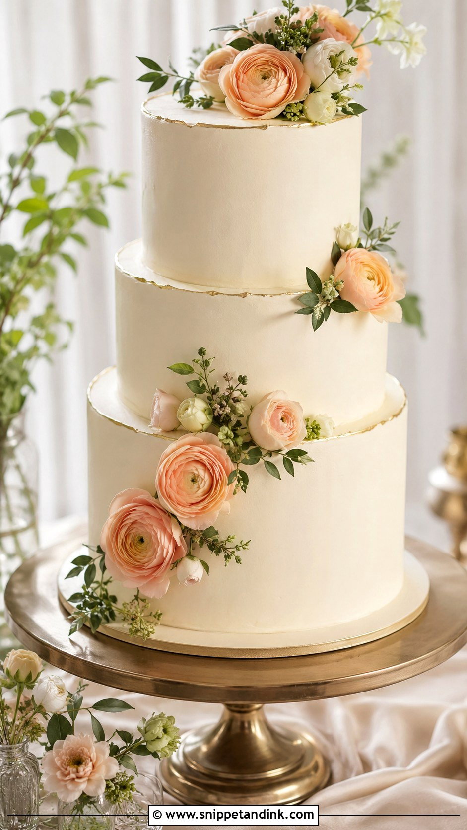 Peach Ranunculus Wedding Cake - Snippet and Ink - 25 Wedding Cake Ideas with Ranunculus