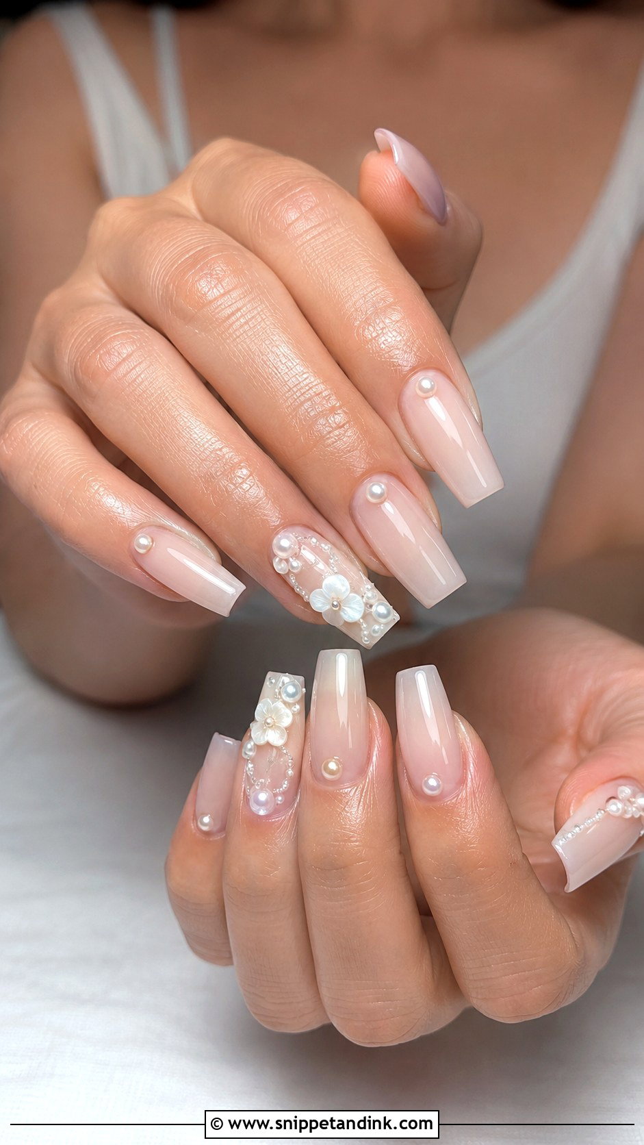 Pearl Accent Coffin Bridal Nails - Snippet and Ink - 20 Coffin Bridal Nails
