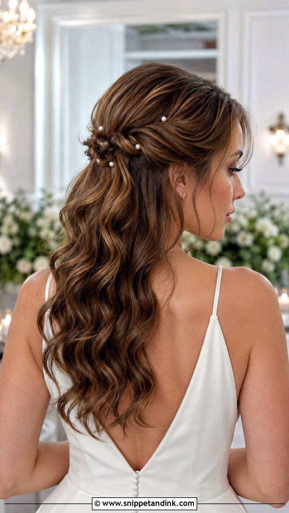 Pearl Accented Half Up Wedding Hair - Snippet and Ink - 20 Medium Half-Up Half-Down Wedding Hair Ideas
