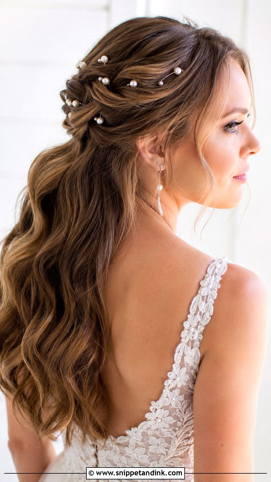 Pearl Accented Half Up Wedding Hair - Snippet and Ink - 20 Medium Bridal Hair Ideas