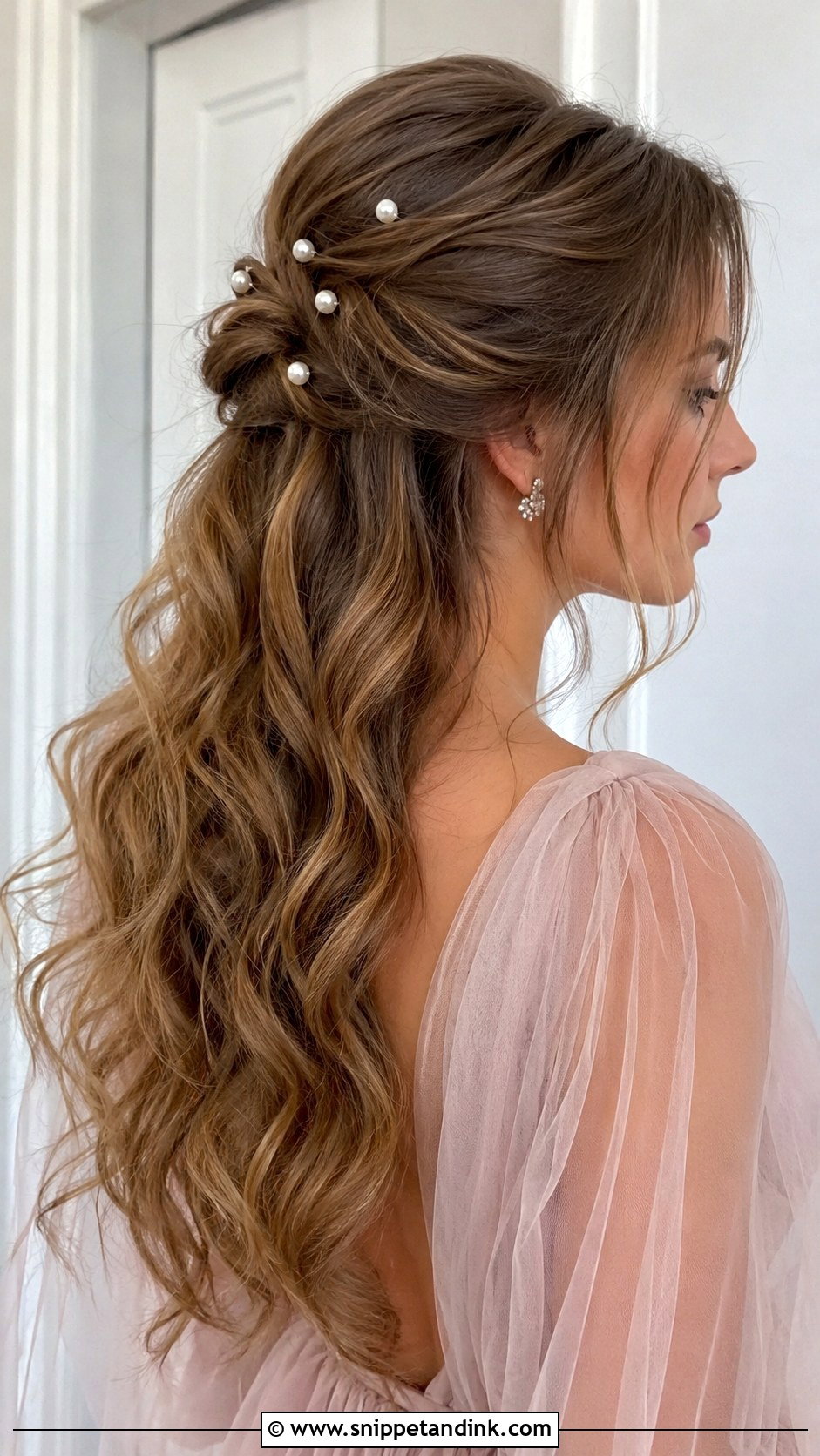 Pearl Accented Half Updo - Snippet and Ink - 35 Engagement Hairstyles