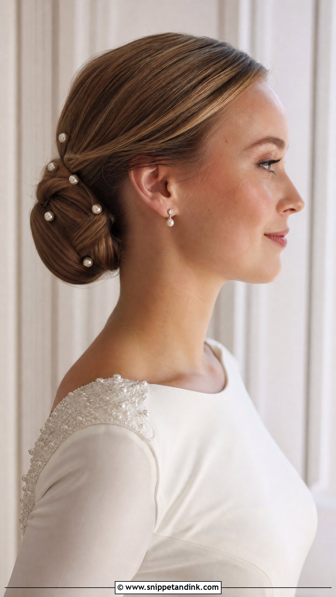 Pearl Accented Low Bun - Snippet and Ink - 20 Princess Wedding Hair Ideas