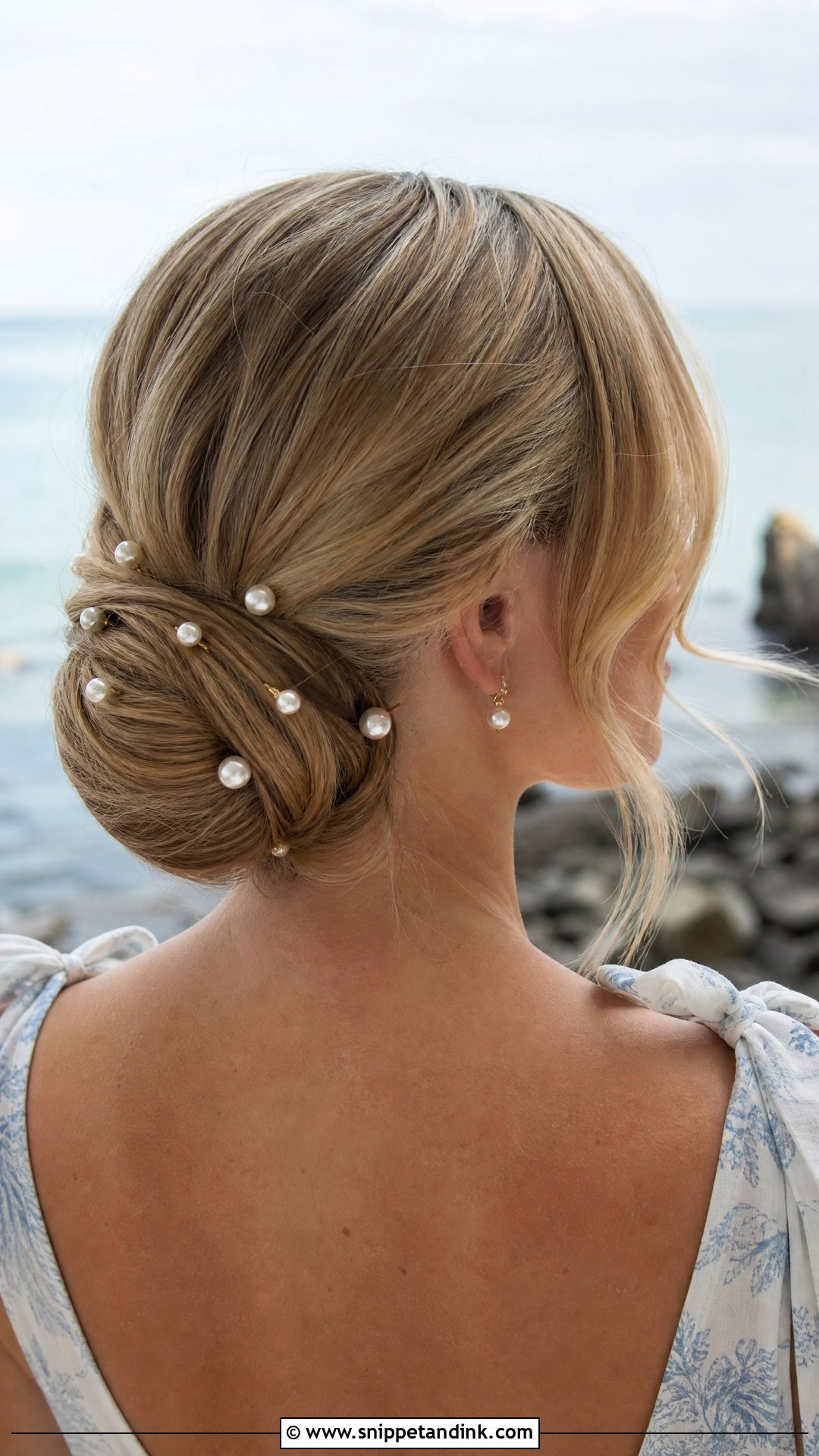 Pearl Accented Low Chignon - Snippet and Ink - 20 Beach Wedding Guest Hair Ideas