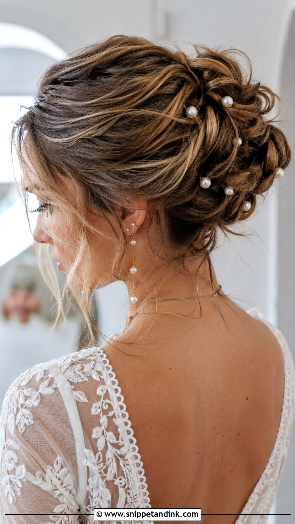 Pearl Accented Messy Updo - Snippet and Ink - 20 Bridal Hair Pearls Ideas