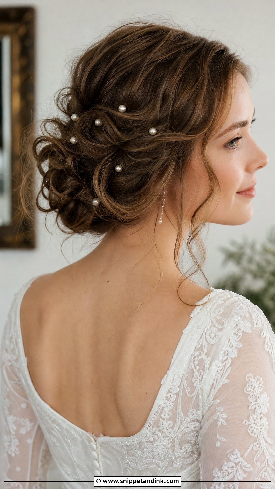 Pearl Accented Updo Wedding Hairstyle - Snippet and Ink - 20 Mid Length Wedding Hairstyles