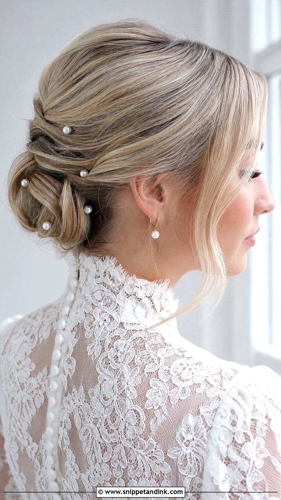 Pearl Accented Wedding Updo for Medium Hair - Snippet and Ink - 20 Shoulder Length Hair Wedding Styles