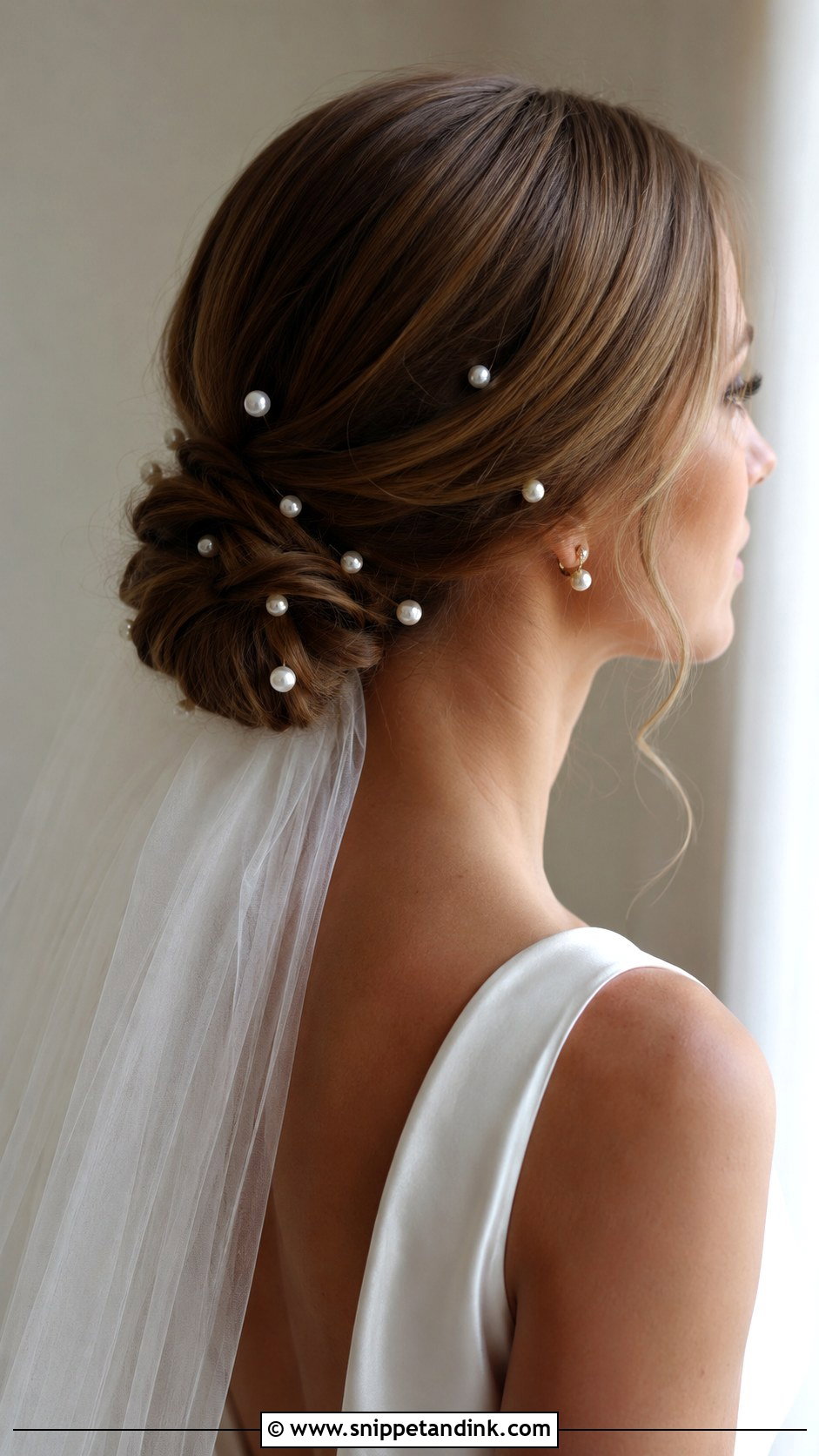 Pearl Adorned Bun With Veil Under - Snippet and Ink - 25 Veil Under Updo Ideas
