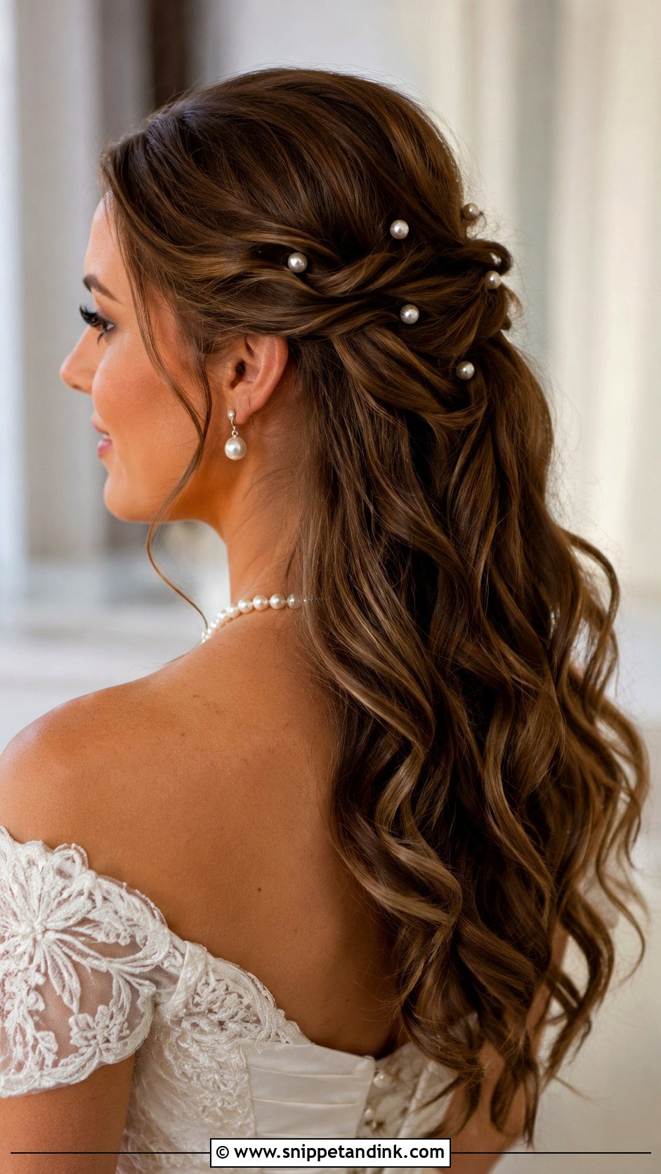 Pearl Adorned Half Up - Snippet and Ink - 30 Hair Styles for Long Hair for Weddings