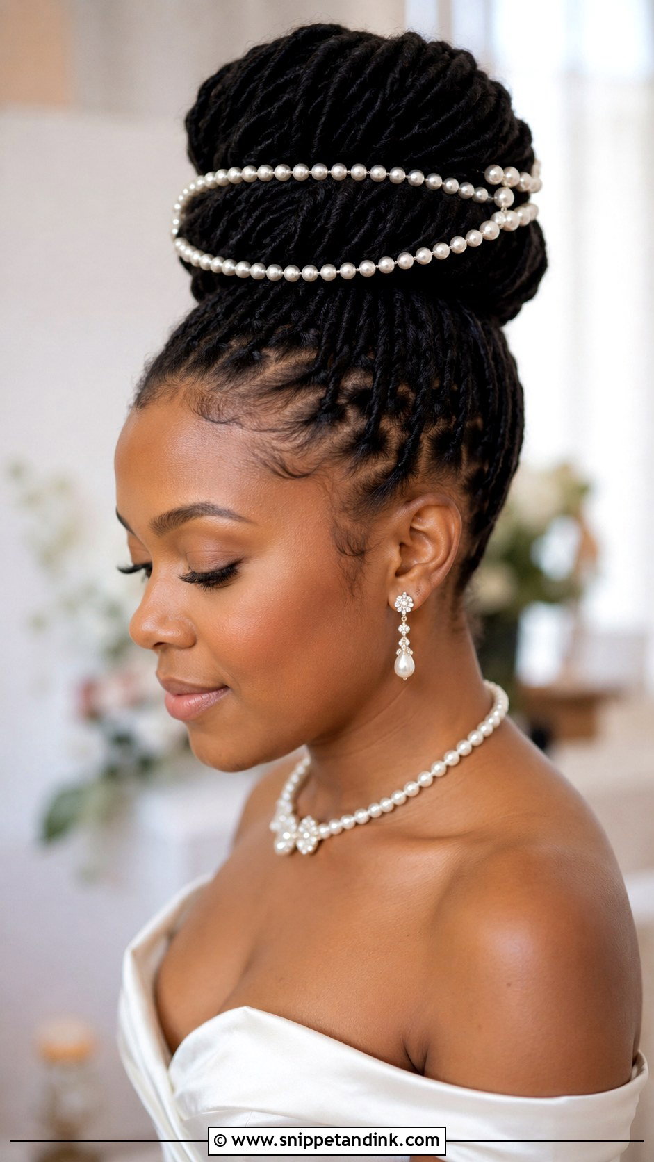 Pearl Adorned Loc Bun - Snippet and Ink - 25 Bridal Locs Hairstyles