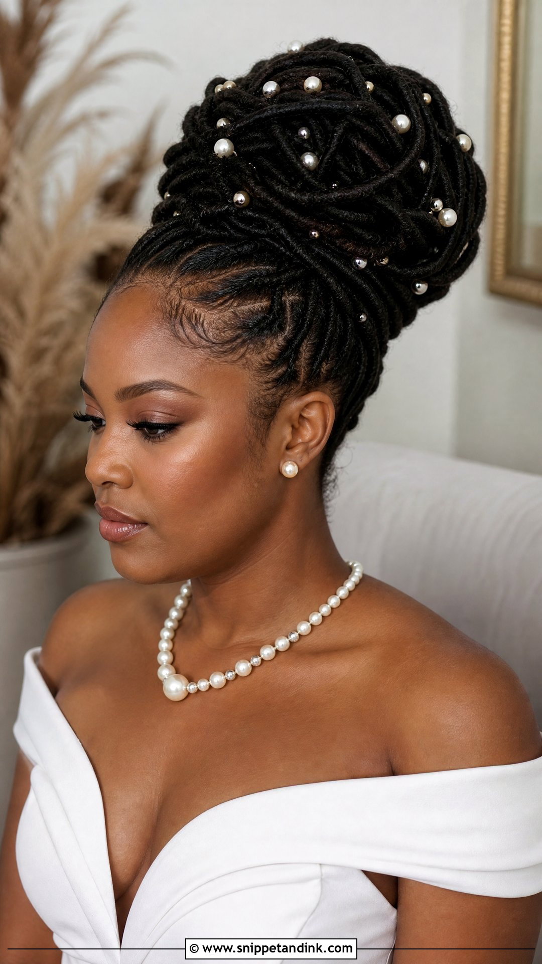 Pearl Adorned Loc Bun - Snippet and Ink - 20 Loc Wedding Hairstyles