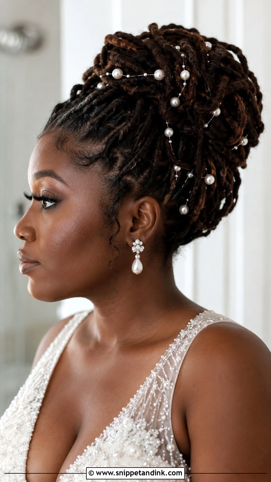 Pearl Adorned Loc Updo - Snippet and Ink - 25 Locs Wedding Hairstyles Brides