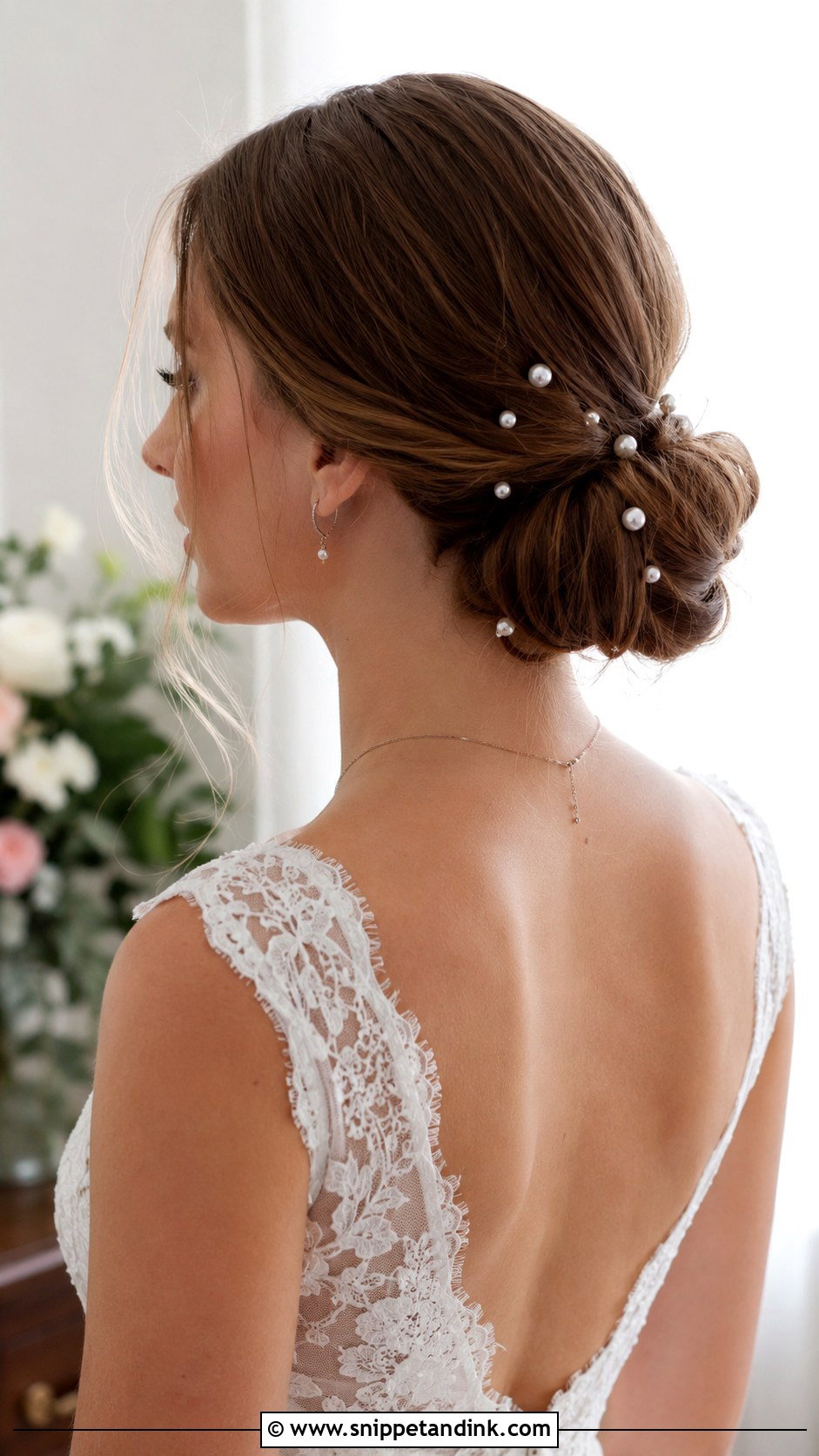 Pearl Adorned Low Bun - Snippet and Ink - 25 Bridal Hair Bun Ideas
