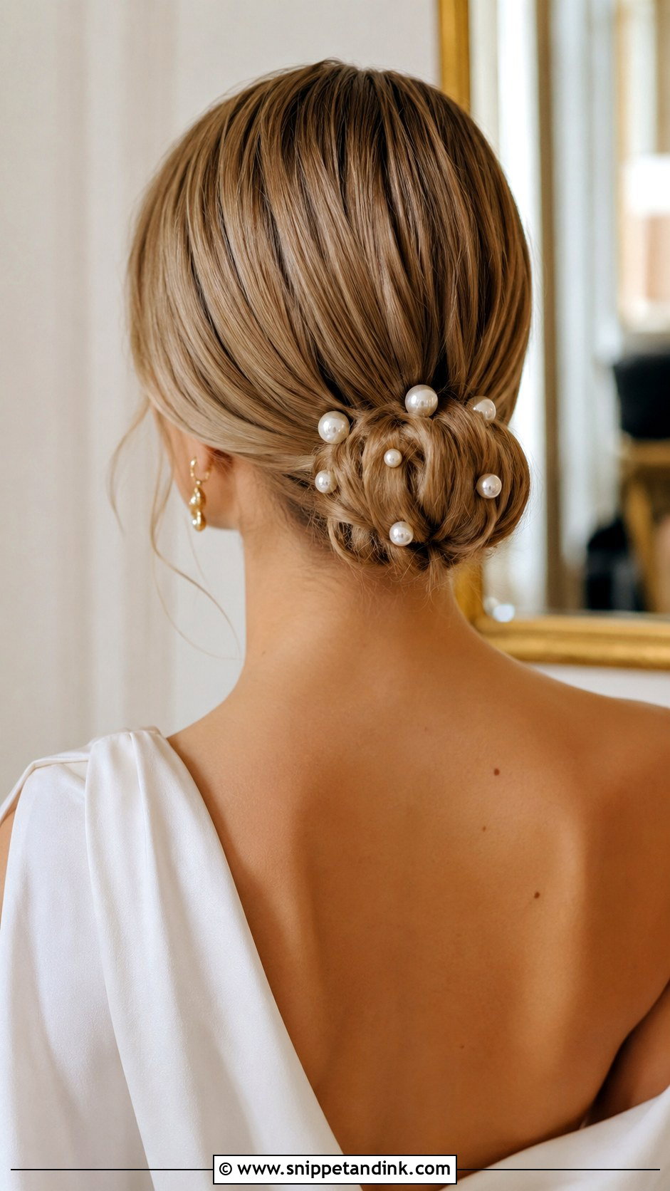 Pearl Adorned Low Bun - Snippet and Ink - 20 Black Tie Wedding Guest Hair Ideas