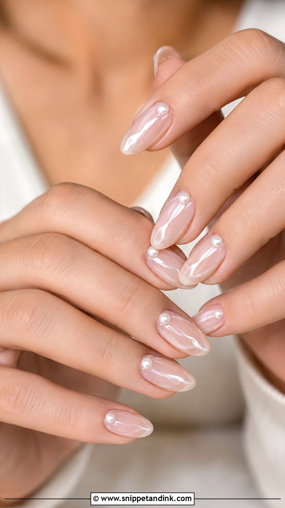 Pearl Almond Wedding Nails - Snippet and Ink - 20 Almond Wedding Nail Inspo for Bride Ideas