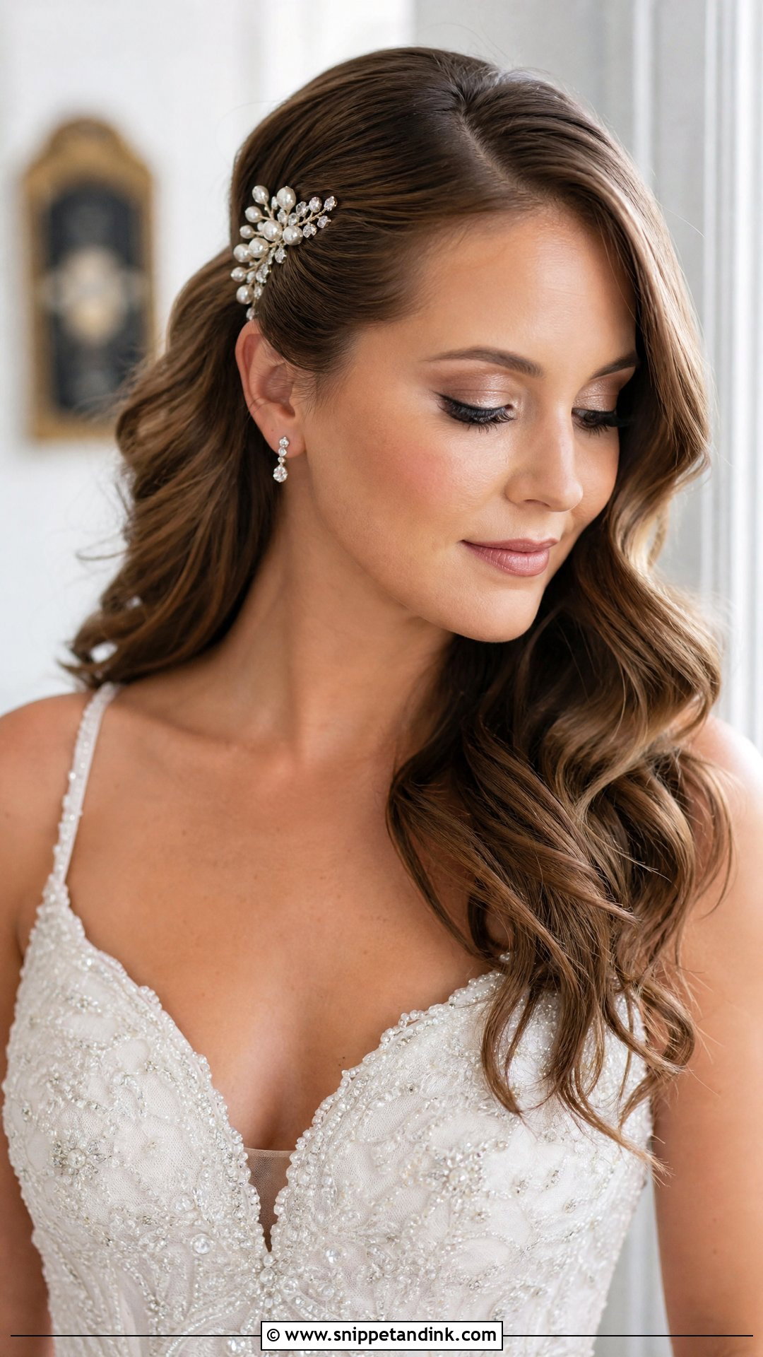 Pearl And Crystal Bridal Hair Comb With Side Swept Hair - Snippet and Ink - 15 Bridal Hair Combs