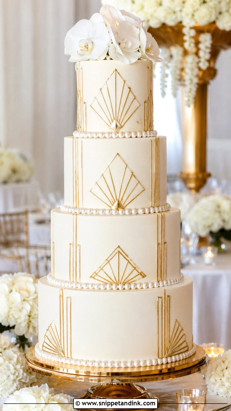 Pearl And Gold Art Deco Wedding Cake - Snippet and Ink - 20 Pearl and Gold Wedding Cake Ideas