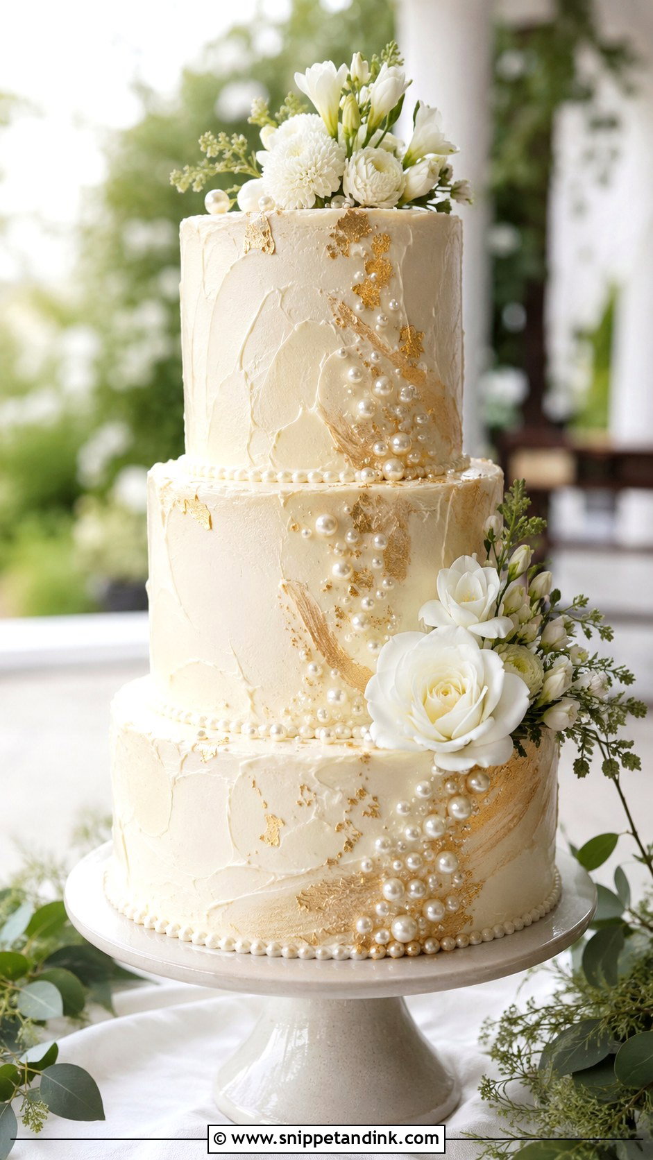 Pearl And Gold Buttercream Wedding Cake - Snippet and Ink - 20 Pearl and Gold Wedding Cake Ideas