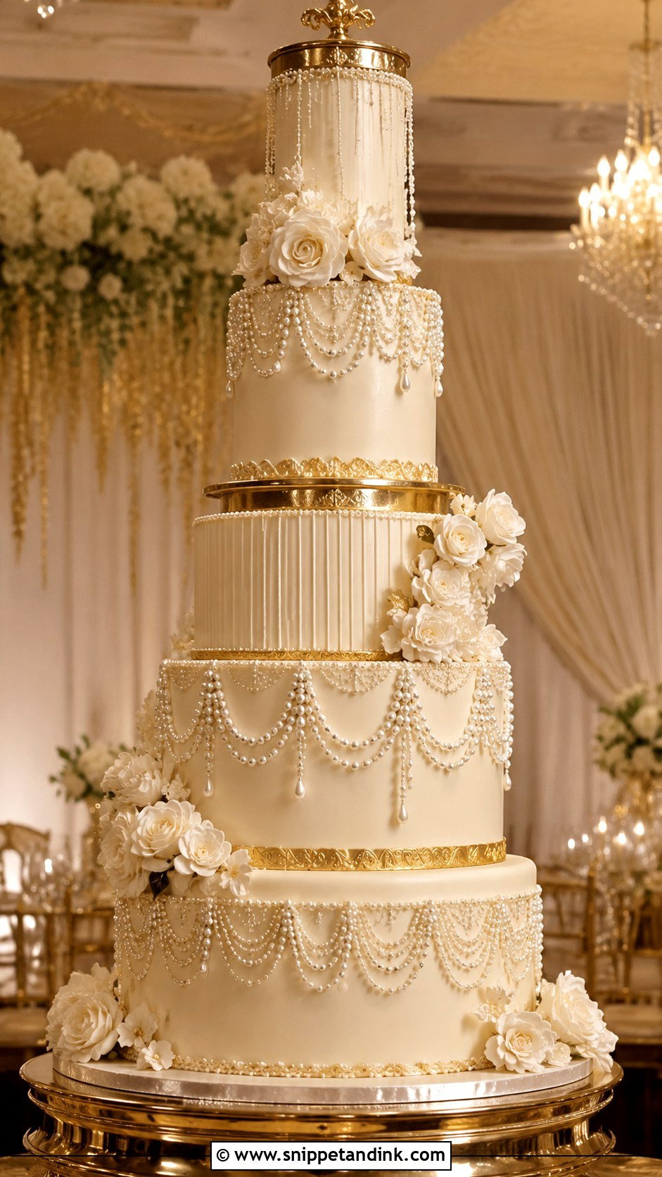 Pearl And Gold Chandelier Wedding Cake - Snippet and Ink - 20 Pearl and Gold Wedding Cake Ideas
